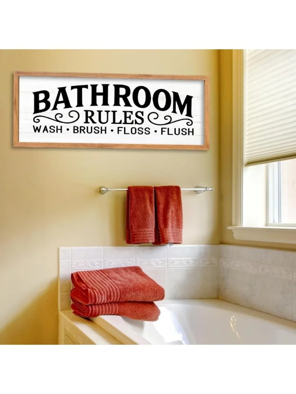 Funny Bathroom Rules Wall Art - Wooden Quote Sign for Home, Farmhouse, Restroom
